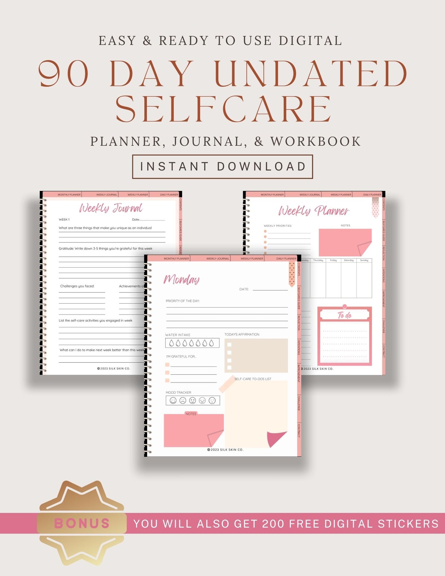 Undated 90 Day Self-Care Digital Planner, Workbook, & Journal